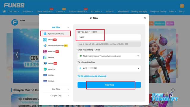 Gửi tiền vào Fun88 với ngân hàng địa phương